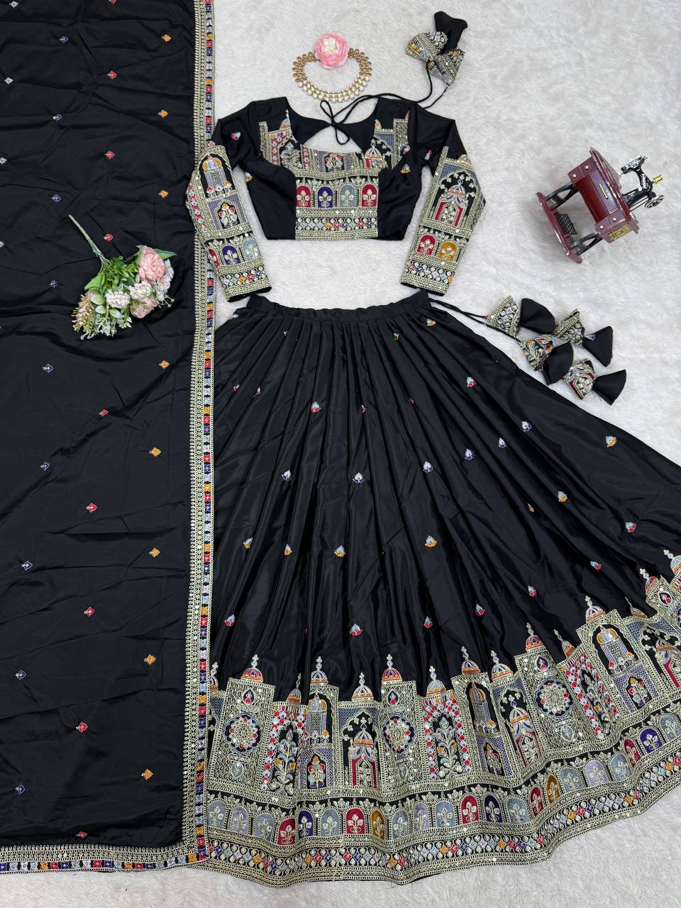 Majestic Midnight Black Designer Lehenga Choli Featuring Intricate Multicolored Architectural Embroidery and Mirror Work